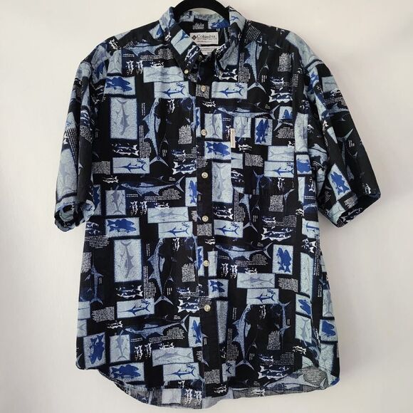Vintage Columbia Blue Deep Sea Fishing‎ Pattern Cotton Short Sleeve mens size L - Picture 1 of 5